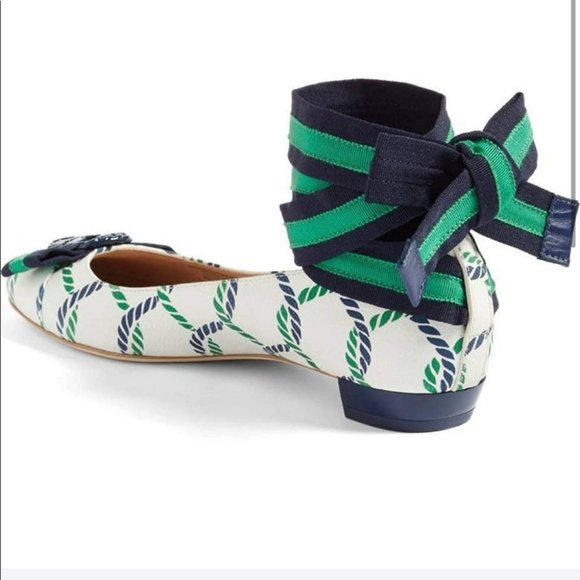 Tory Burch Maritime ankle wrap white navy green ballet flats 6.5 Isle - Picture 2 of 16